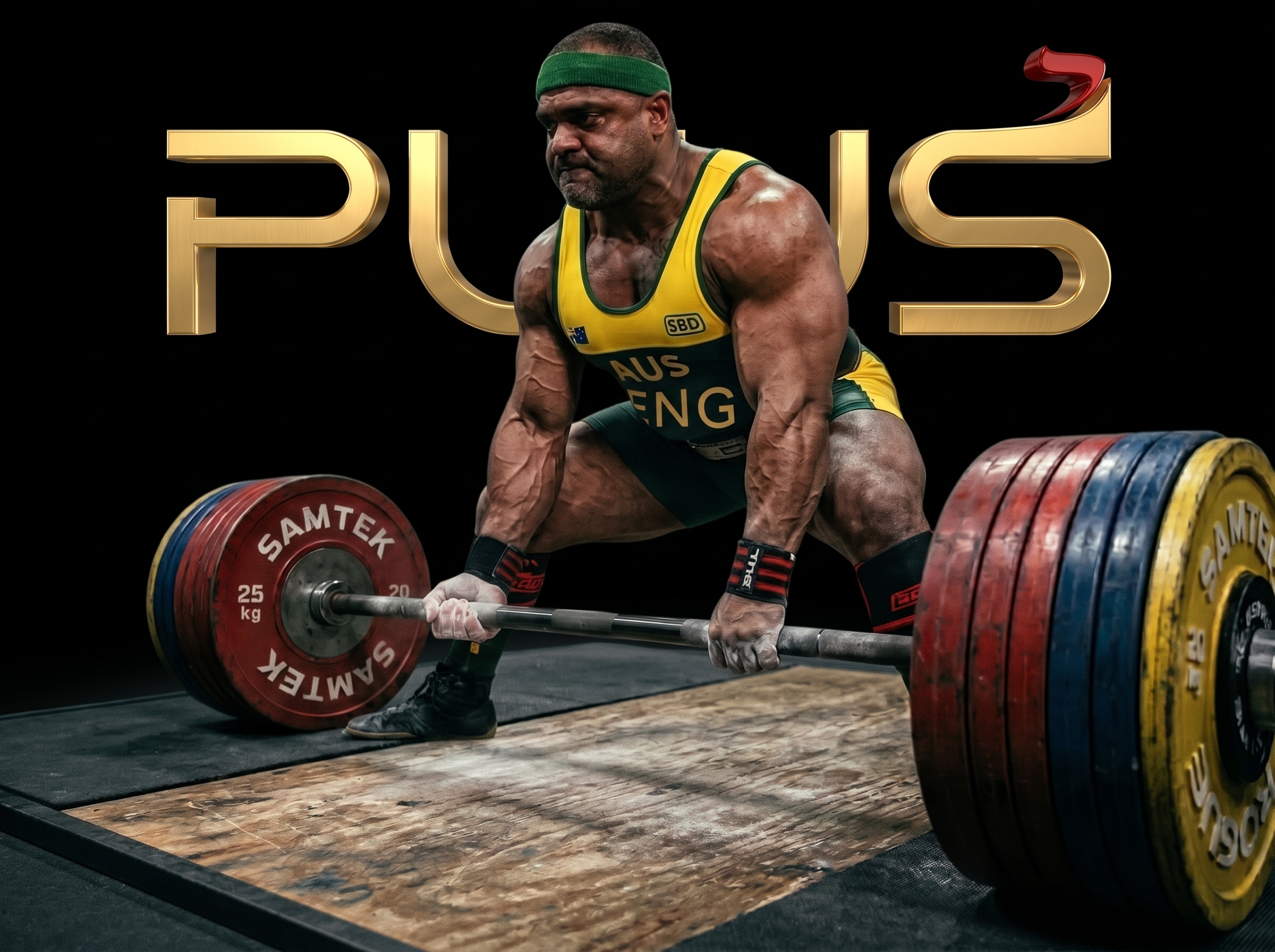 Powerlifter performing a heavy deadlift on a platform